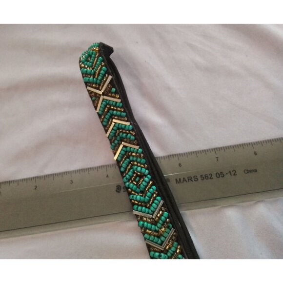 Beaded Turquoise & Gold Headband With Geometric Pattern - Picture 3 of 3